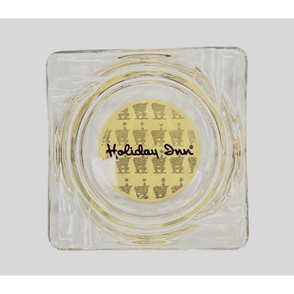 Ashtray Holiday Inn Advertising Vintage Clear Glass Tan and Brown Emblem Square